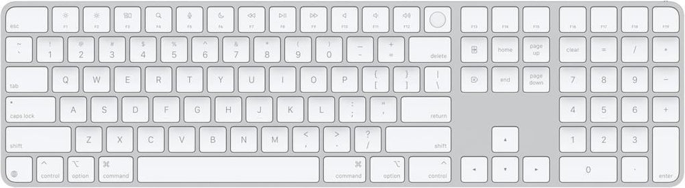 Apple Touch ID özellikli ve Sayısal Tuş Takımlı Magic Keyboard: Bluetooth, şarj edilebilir. Apple çipe sahip Mac bilgisayarlarla çalışır; Amerikan İngilizcesi, Beyaz tuşlar (USB-C)