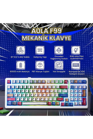 Aula F99 Comic RGB GrayWood V3 Switch Kablolu/Kablosuz Mekanik Oyuncu Klavyesi Outlet