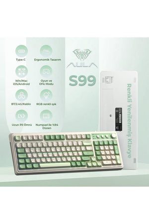Aula S99 Retro Yeşil RGB %96 Kablolu/Kablosuz Oyuncu Klavyesi Teşhir
