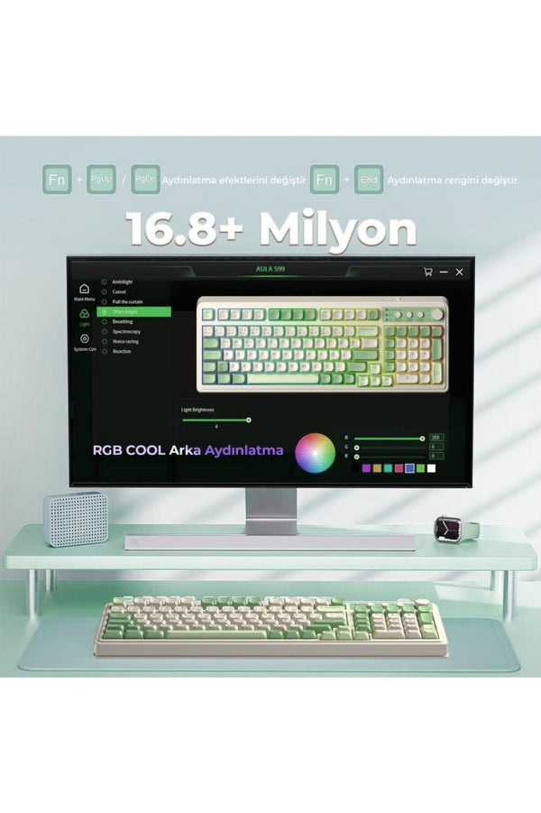 Aula S99 Retro Yeşil RGB %96 Kablolu/Kablosuz Oyuncu Klavyesi Teşhir