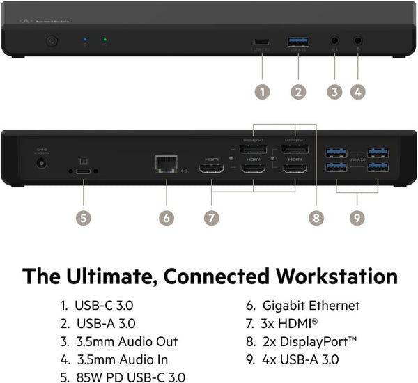 Belkin 85W Güç Dağıtımlı Üçlü 4K Ekran için 3 HDMI Bağlantı Noktası, 2 DisplayPort