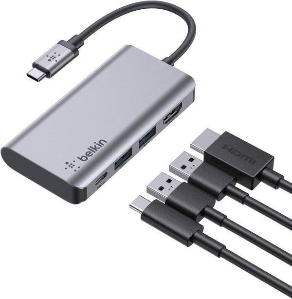 Belkin USB C 4'ü 1 Arada Çok Bağlantı Noktalı Adaptör (4K HDMI, USB-C 100W PD Geçişli Şarj ve Daha Fazlası için 2 x USB A Bağlantı Noktası ile)