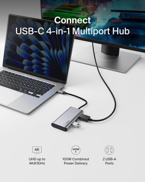 Belkin USB C 4'ü 1 Arada Çok Bağlantı Noktalı Adaptör (4K HDMI, USB-C 100W PD Geçişli Şarj ve Daha Fazlası için 2 x USB A Bağlantı Noktası ile)
