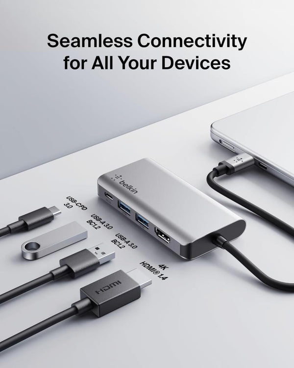 Belkin USB C 4'ü 1 Arada Çok Bağlantı Noktalı Adaptör (4K HDMI, USB-C 100W PD Geçişli Şarj ve Daha Fazlası için 2 x USB A Bağlantı Noktası ile)