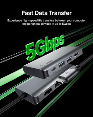 Belkin USB C 4'ü 1 Arada Çok Bağlantı Noktalı Adaptör (4K HDMI, USB-C 100W PD Geçişli Şarj ve Daha Fazlası için 2 x USB A Bağlantı Noktası ile)