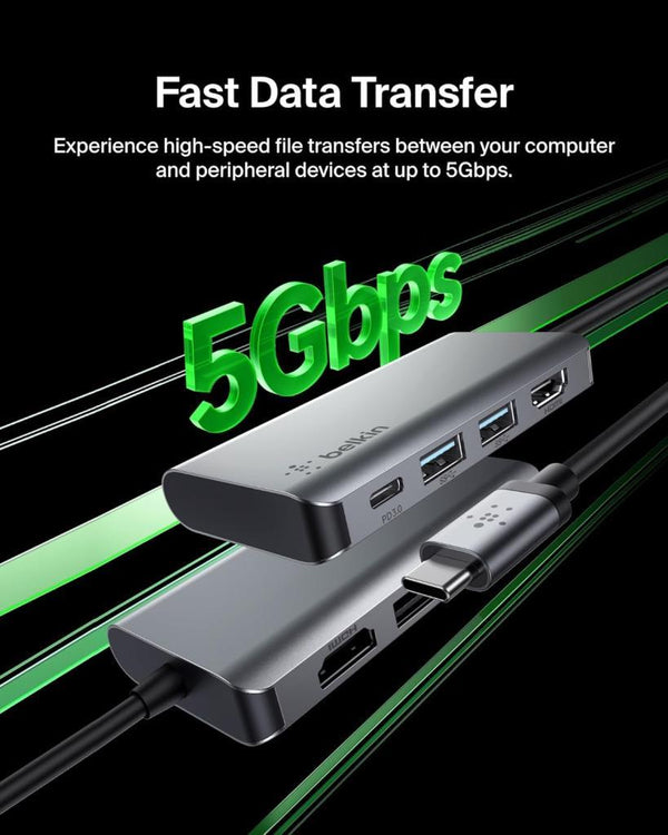Belkin USB C 4'ü 1 Arada Çok Bağlantı Noktalı Adaptör (4K HDMI, USB-C 100W PD Geçişli Şarj ve Daha Fazlası için 2 x USB A Bağlantı Noktası ile)
