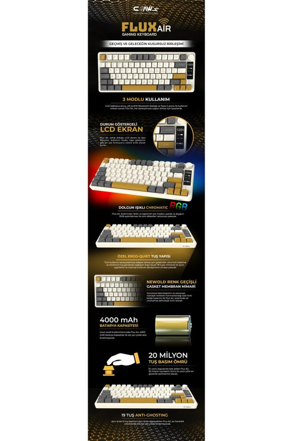 Claws Flux Air RGB TKL Membrane Switch Kablolu/Kablosuz Oyuncu Klavyesi Teşhir