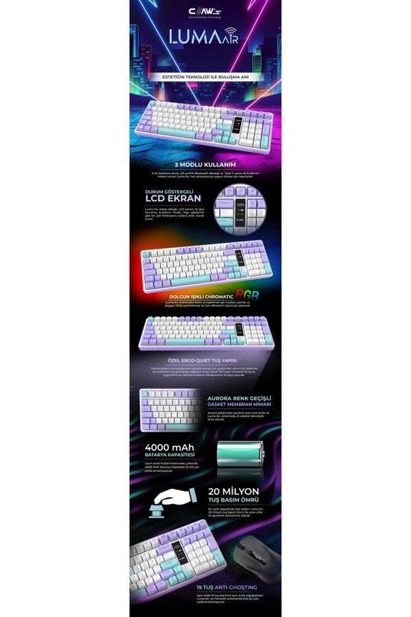 Claws Luma Air RGB Membrane Switch Kablolu/Kablosuz Oyuncu Klavyesi