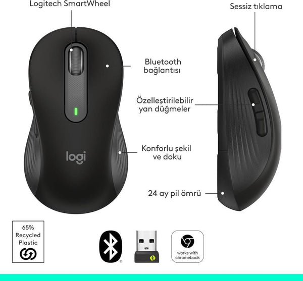 Logitech M650 Signature 910-006236 Siyah Sessiz Büyük Boy Sağ El Optik Kablosuz Mouse