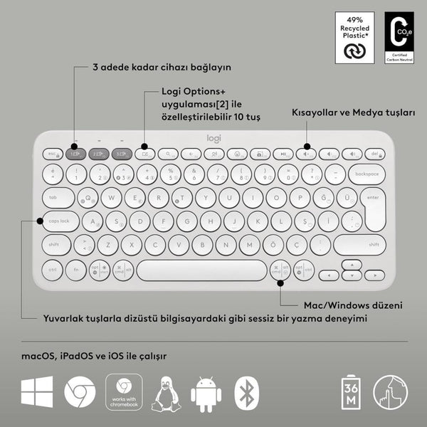 Logitech Pebble Keys 2 K380S 920-011860 Beyaz Kablosuz Klavye Outlet