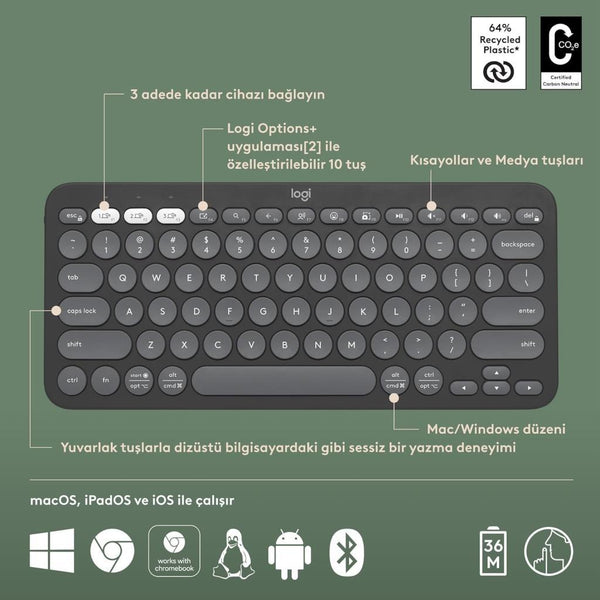 Logitech Pebble Keys 2 K380S 920-011859 Siyah Kablosuz Klavye