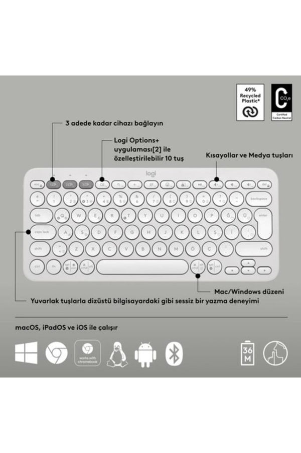 Logitech Pebble Keys 2 K380S 920-011860 Beyaz TKL Q Kablosuz Klavye Teşhir