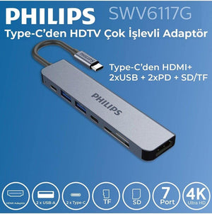 Philips Type C to PD 87W HDMI USB SD Micro SD Dönüştürücü Hub