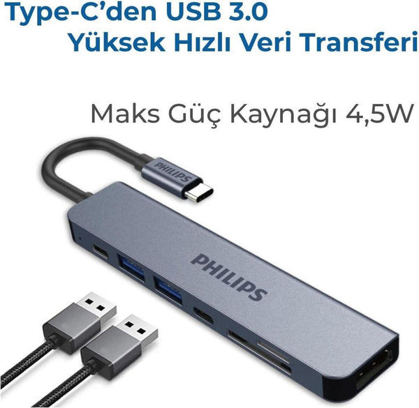 Philips Type C to PD 87W HDMI USB SD Micro SD Dönüştürücü Hub