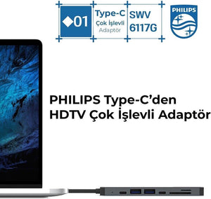 Philips Type C to PD 87W HDMI USB SD Micro SD Dönüştürücü Hub