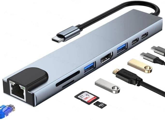 Shaza 8in1 USB Type-C Hub Port Adaptör HDMI USB Ethernet PD Girişli, Gri
