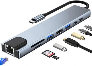 Shaza 8in1 USB Type-C Hub Port Adaptör HDMI USB Ethernet PD Girişli, Gri