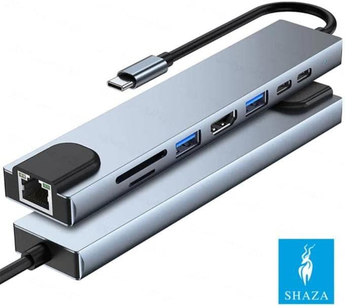 Shaza 8in1 USB Type-C Hub Port Adaptör HDMI USB Ethernet PD Girişli, Gri