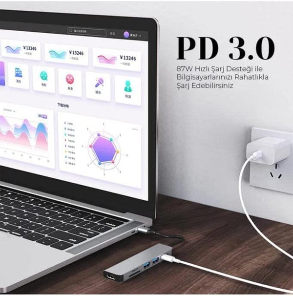 Shaza 8in1 USB Type-C Hub Port Adaptör HDMI USB Ethernet PD Girişli, Gri